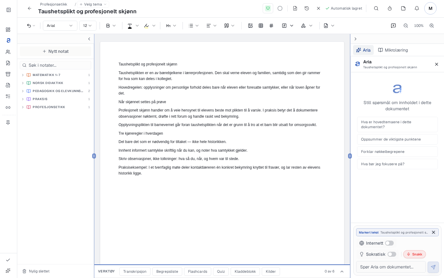 Anteckningsyta i Aria med ämnesöversikt, dokument, Aria-panel och lärverktyg.