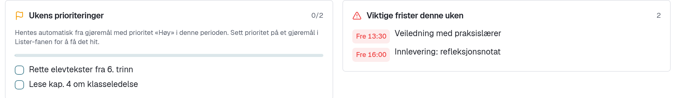 Aria’s planner showing weekly priorities and important deadlines in a Norwegian demonstration example.
